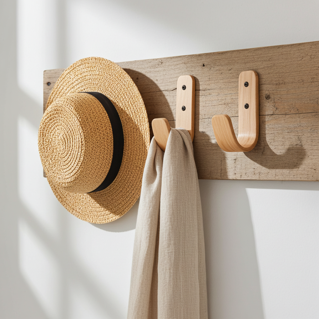 Curved hardwood wall hooks in oak, walnut, and ash - handcrafted Scandinavian design for modern interiors