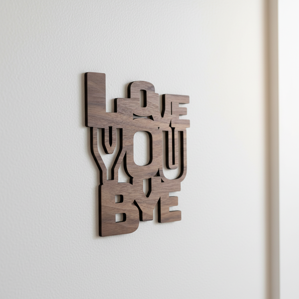 Love You Bye sign in black walnut mounted on wall - handcrafted entryway door sign