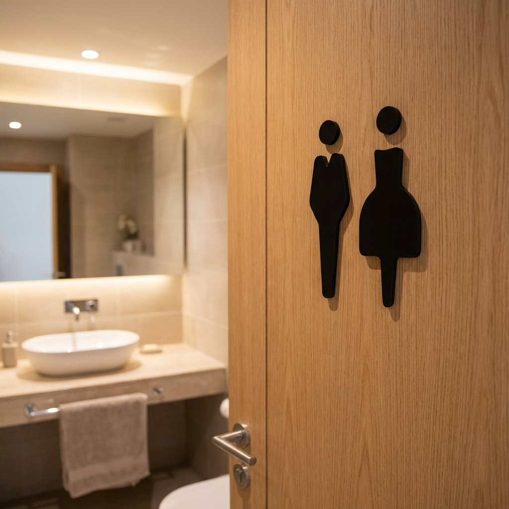 Bathroom with wooden door featuring male and female silhouette signs, sink, and mirror.