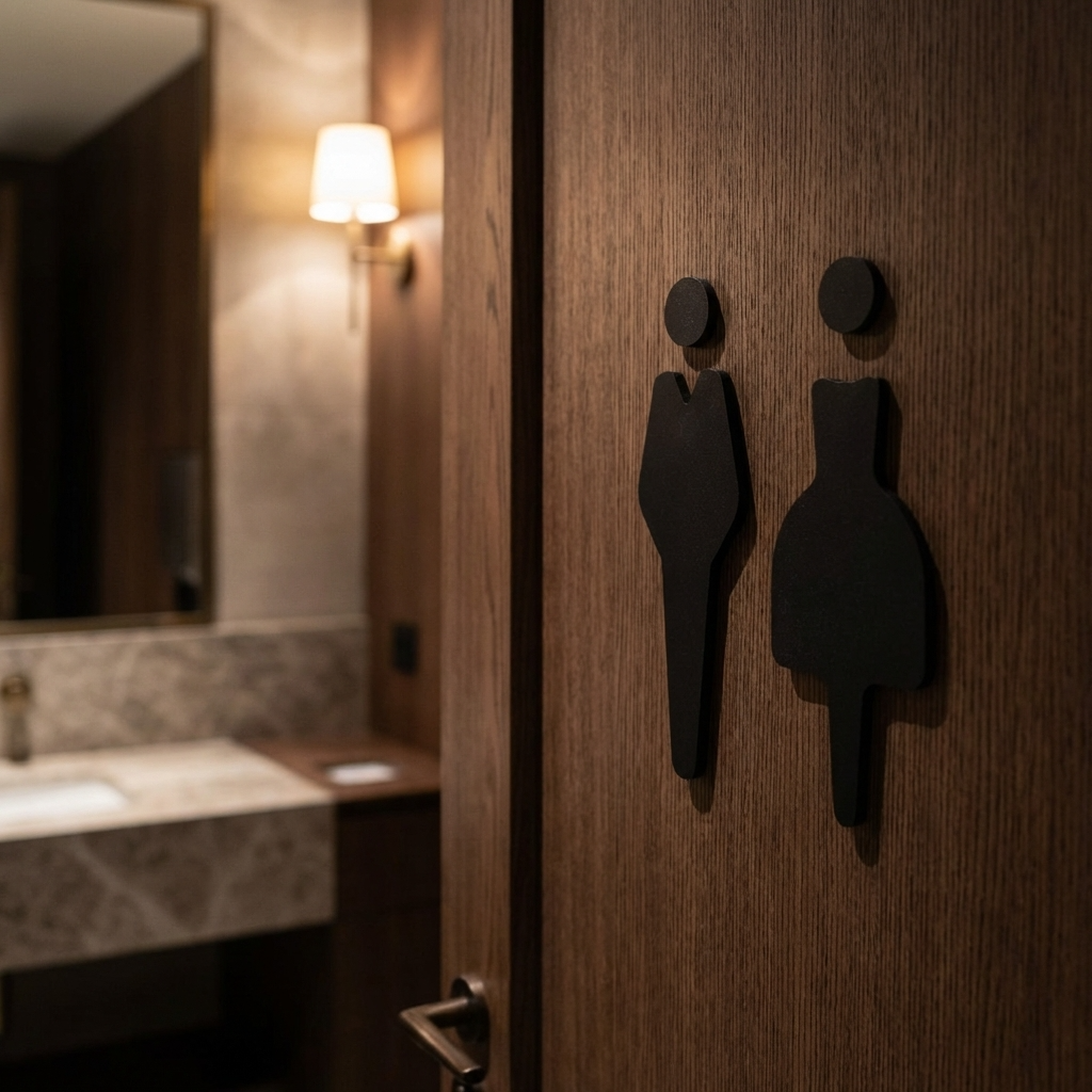 Bathroom door with gender symbols and blurred interior.