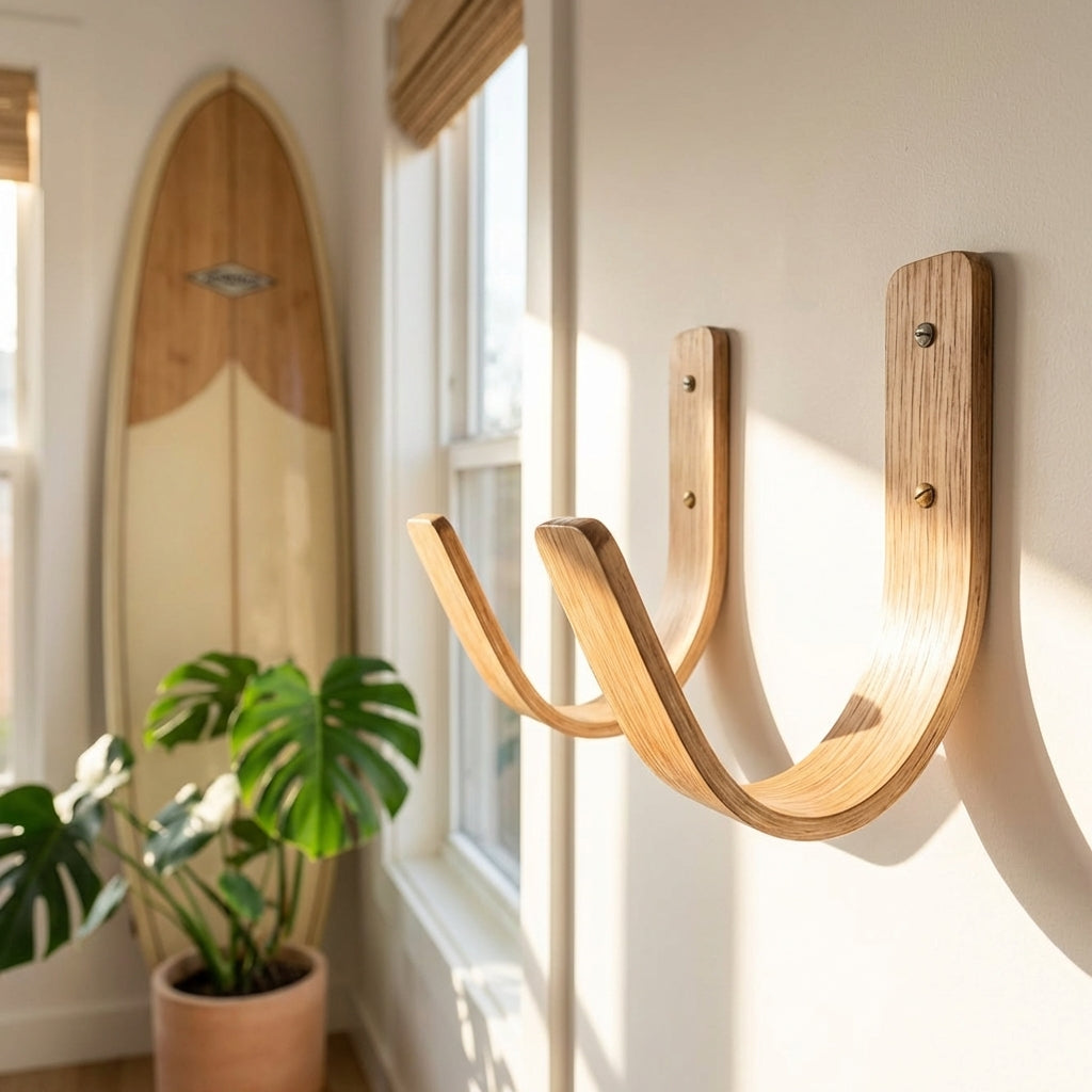 Oak surfboard wall rack fixed to the wall with a surboars in the background