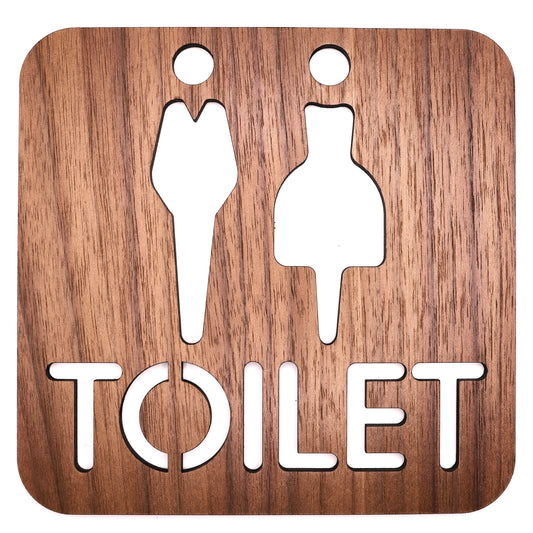 Minimalist walnut wood restroom sign for office and restaurant use.