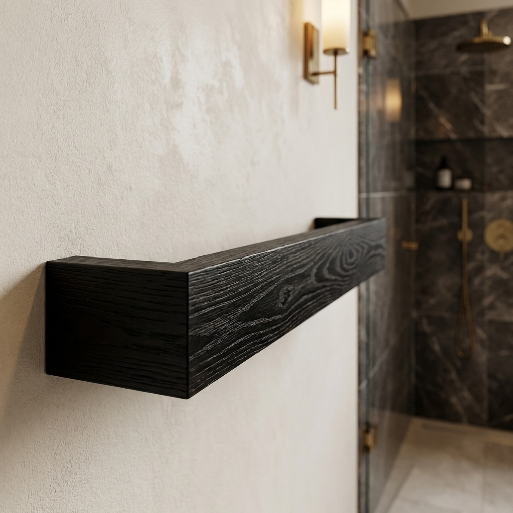 Black wooden shelf mounted on a white wall in a modern bathroom.