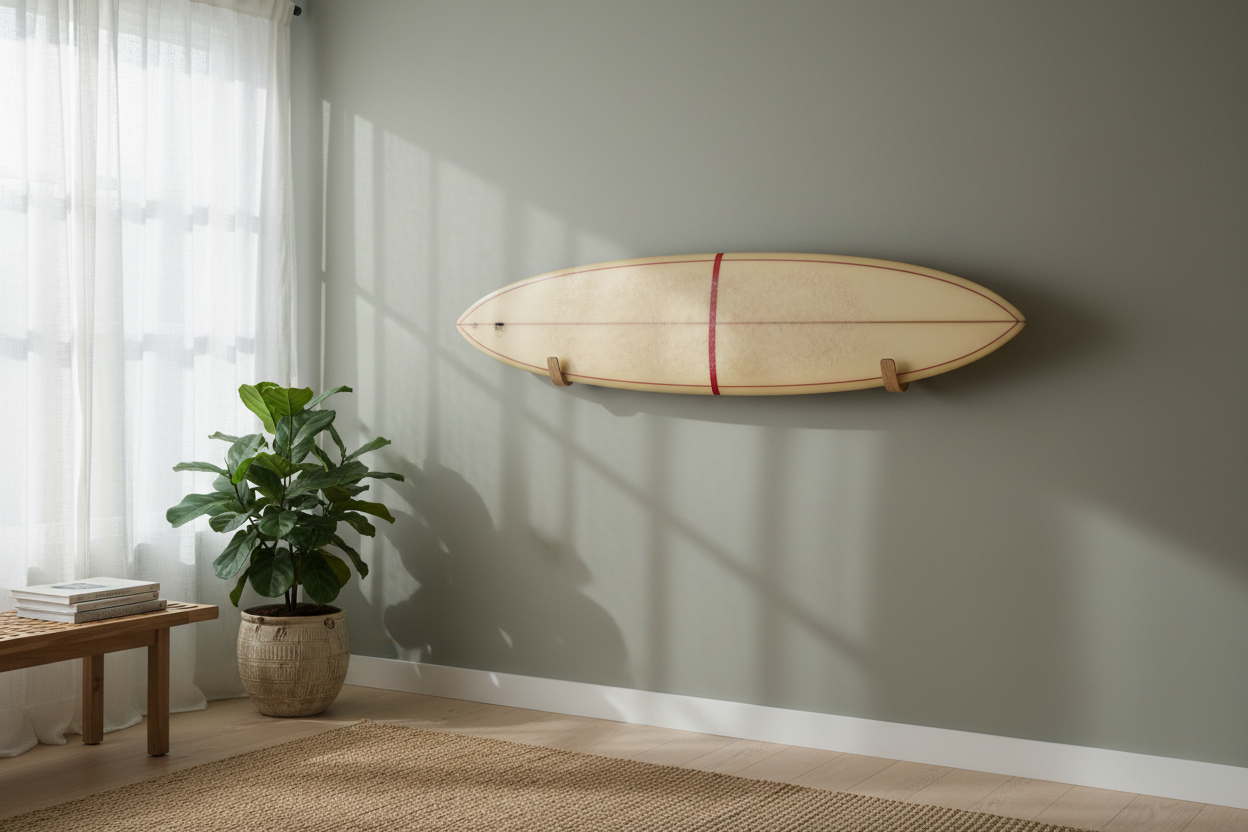 Coastal Bedroom with a surfboard displaying on the wall - on Solid Oak surfboard mounts