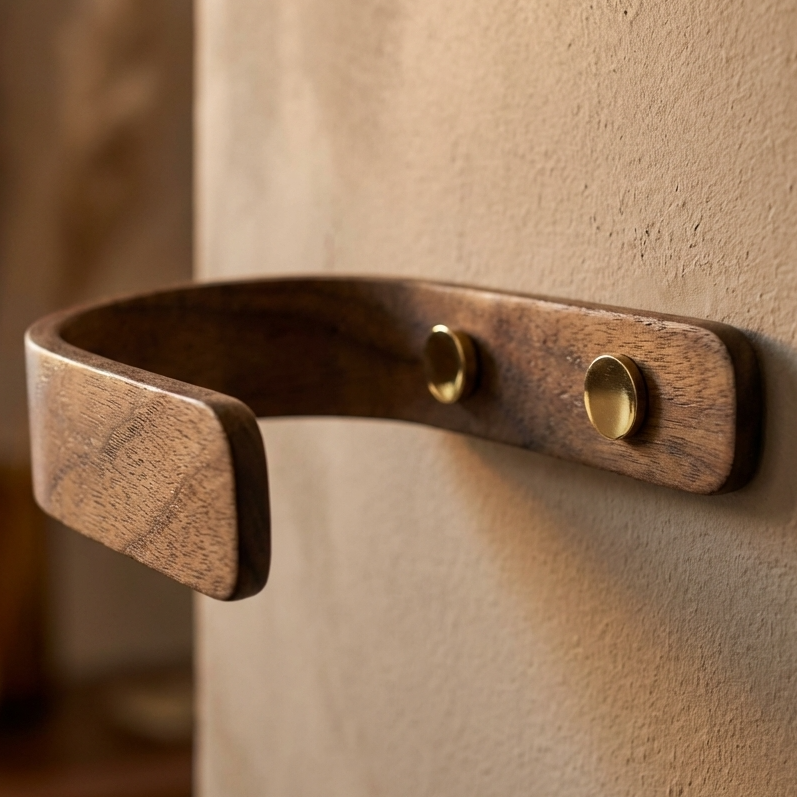 wooden walnut curtain holdbacks fixed to the wall to holdback curtains