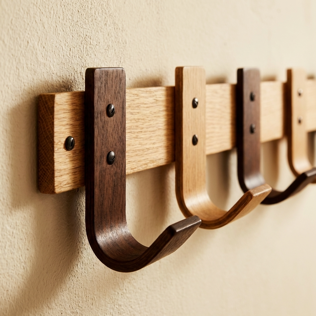 Wooden wall hooks on a beige wall