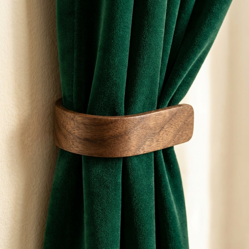 Green curtain with a wooden tieback against a beige background