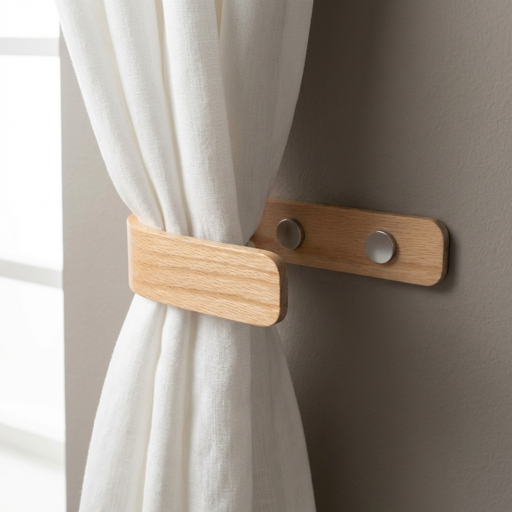 Wooden curtain tieback holding a white curtain against a neutral wall.