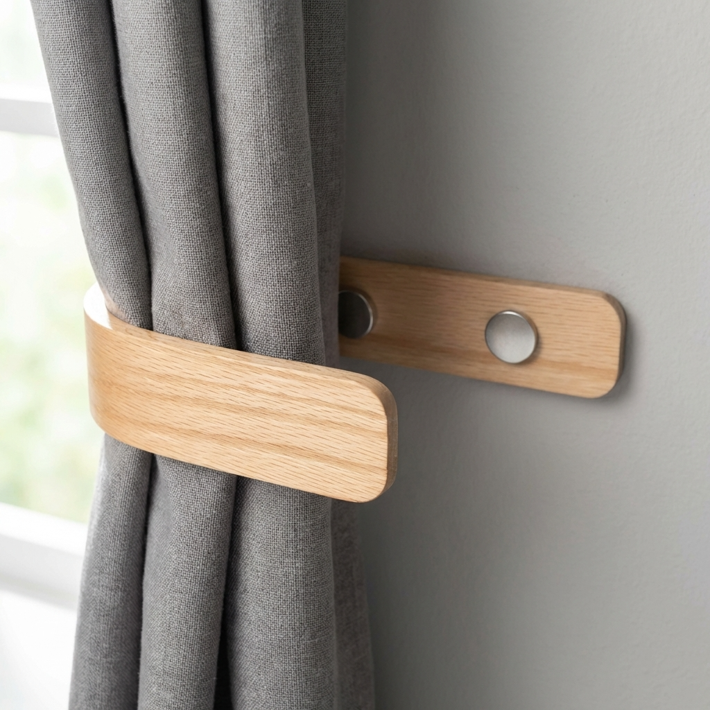Wooden curtain tieback holding a gray curtain against a neutral wall.