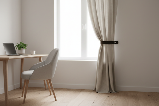 Home office with linen curtains