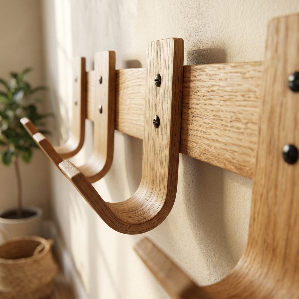 Close-up of 5 sturdy coat hooks on oak rack