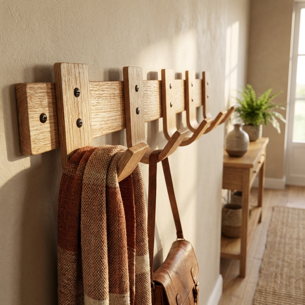 Wooden wall-mounted coat rack with hooks holding a coat and bag in a home setting.