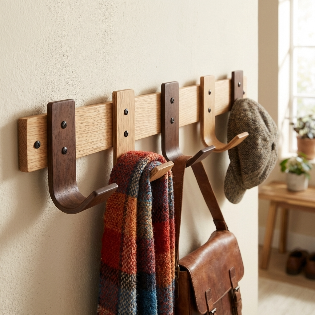 Wooden wall hook rack with hooks holding a scarf, bag, and hat in a home setting.