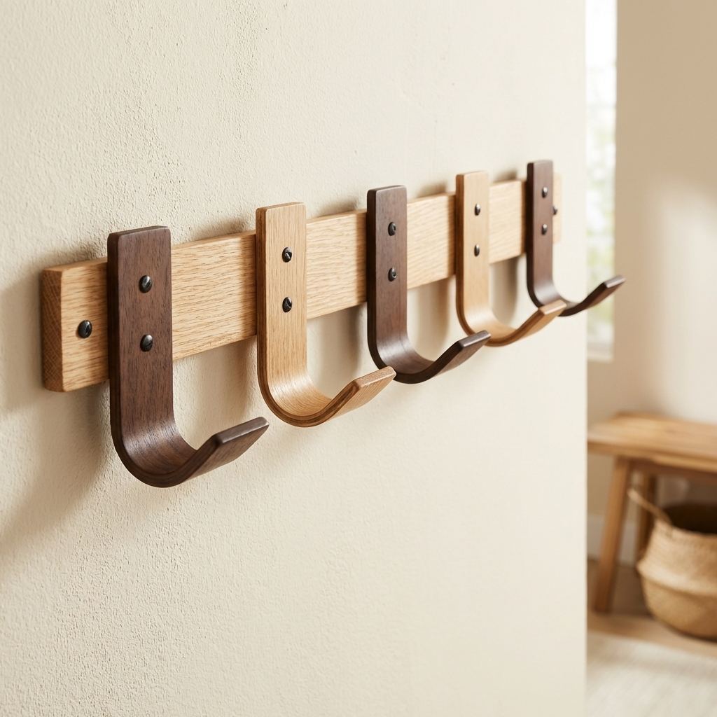 Wooden wall hooks on a beige wall with a blurred background