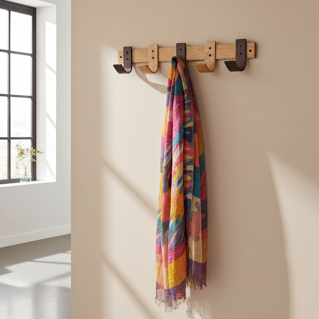 Wooden wall hook with colorful scarf hanging on a beige wall.