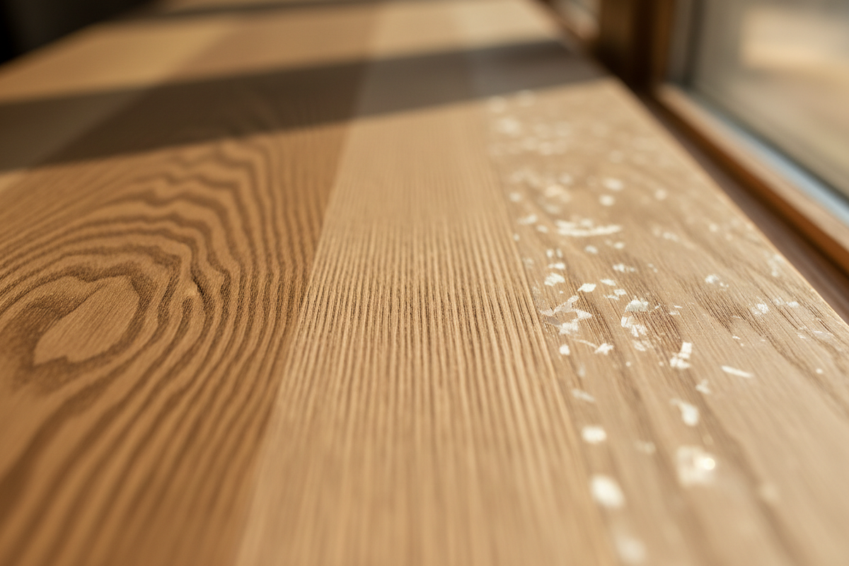 Close-up of hardwood grain patterns showing cathedral grain, straight grain, and quarter sawn oak ray fleck detail