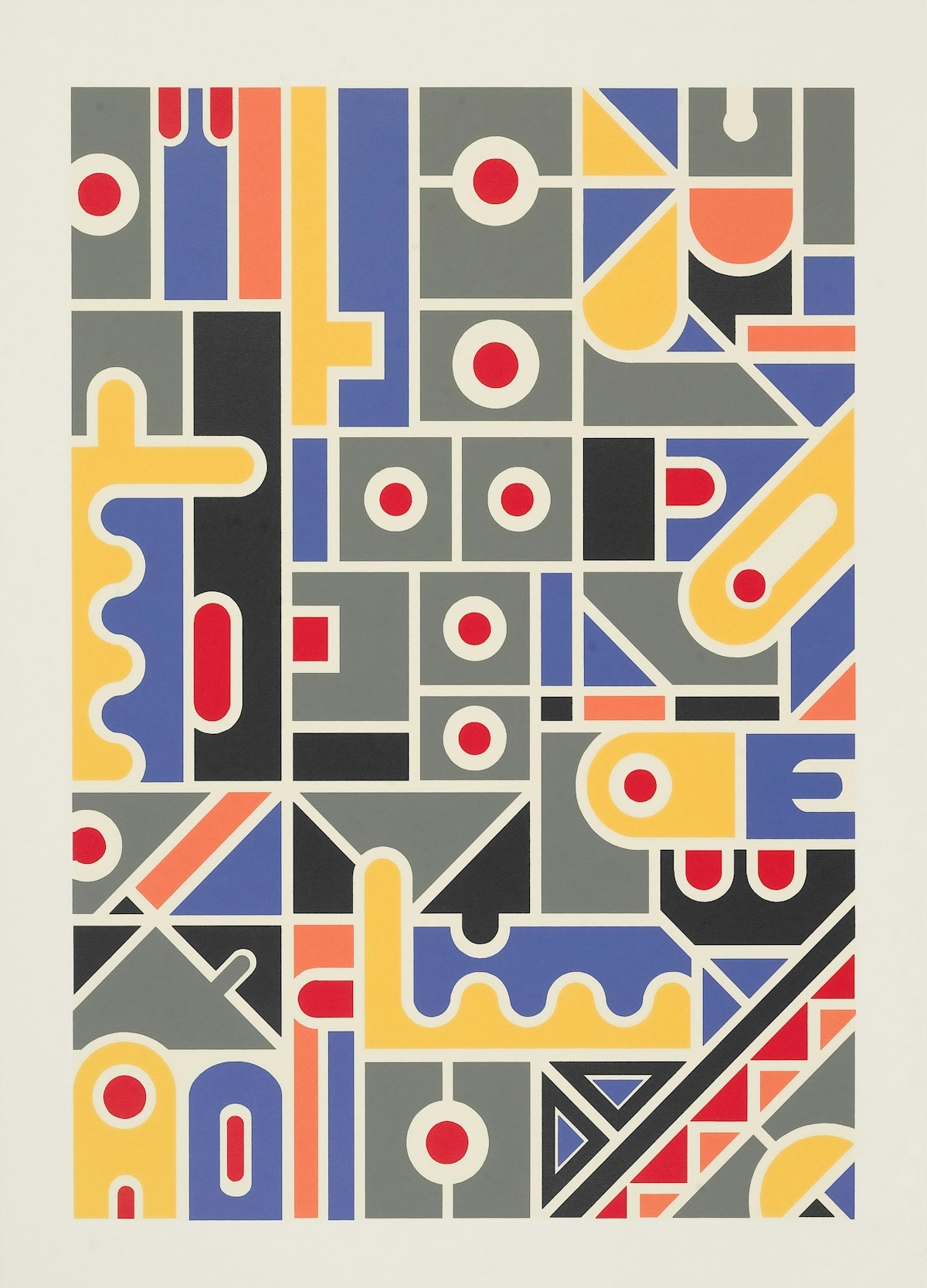 Abstract geometric pattern with red circles and yellow shapes