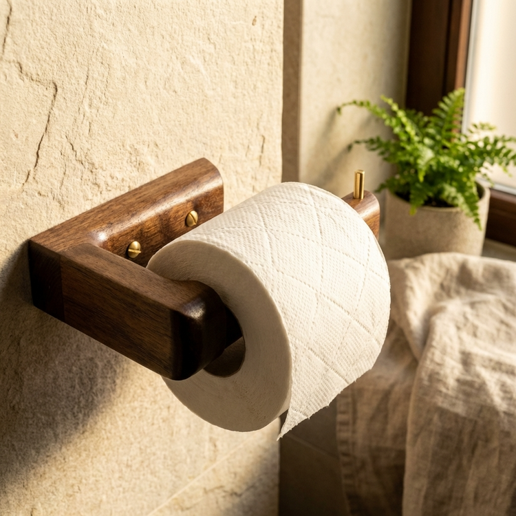 Luxury handmade walnut toilet roll holder mounted on bathroom wall, premium artisan design, elegant wood finish, modern bathroom accessory, durable and stylish.