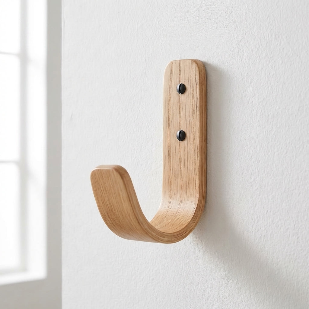 Wooden oak wall hook wall hook on a white wall