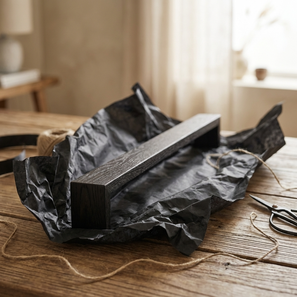 Black ash towel rail being packaged