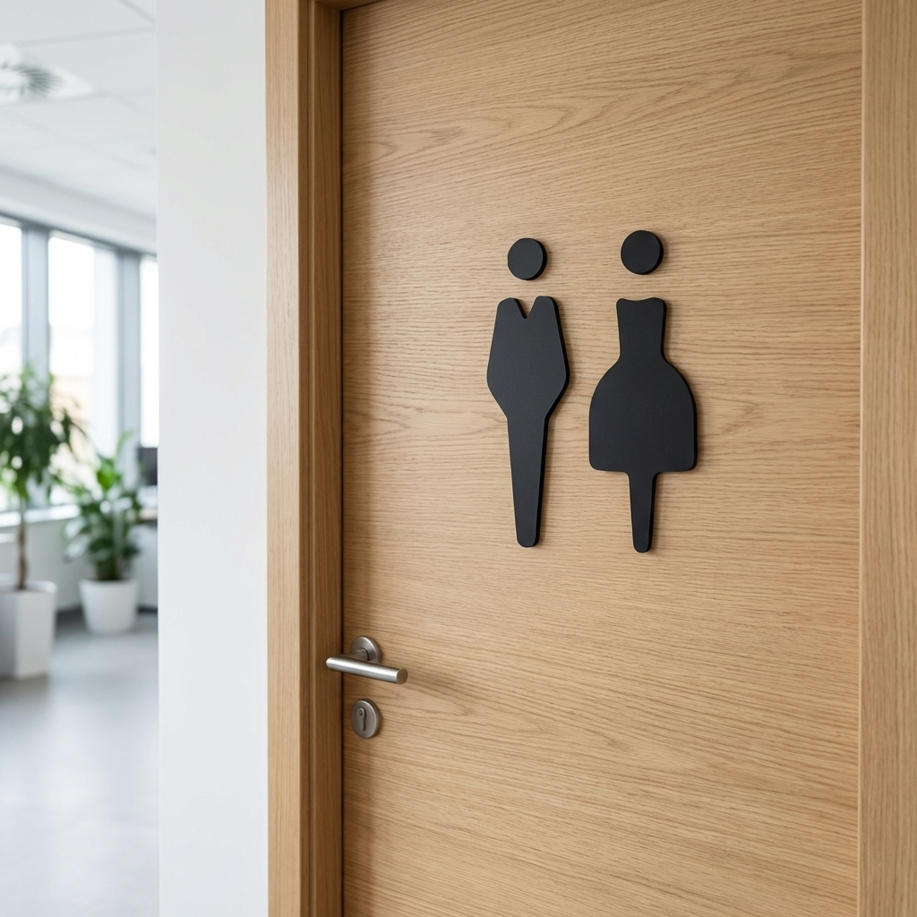 Wooden door with gender symbols indicating a restroom in an office setting