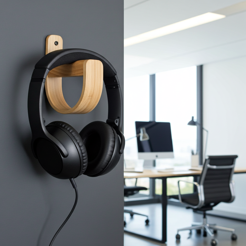 Black headphones with wooden accents on a wall next to an office desk setup.