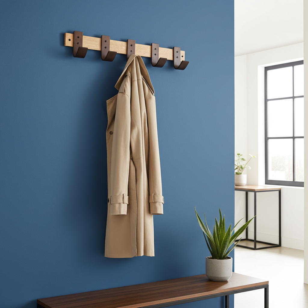 Coat hanging on a wooden hook against a blue wall with a plant below.