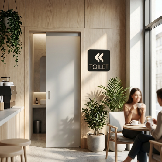 Modern cafe with a 'TOILET' sign on a wooden wall, people sitting at a table, and plants.