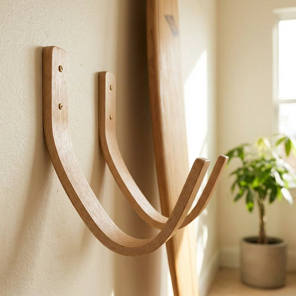 Oak surfboard rack fixed to a modern room living room next to surfboard