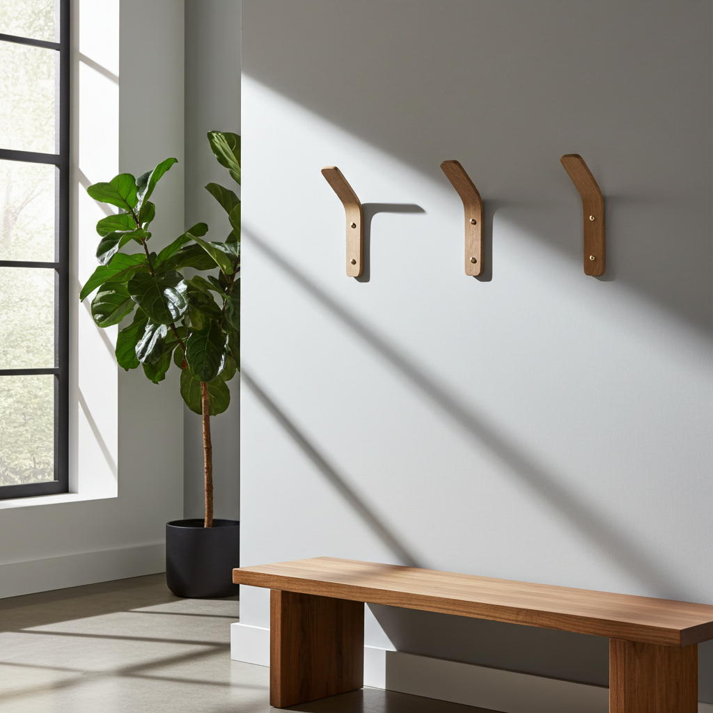 Wooden bench and wall hooks in a room with a large window and plant.