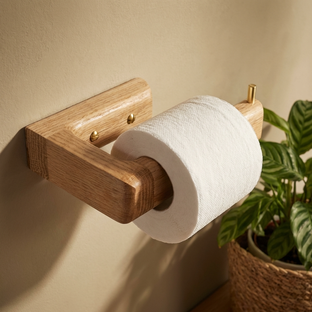 Wooden toilet paper holder with a roll of toilet paper on a textured wall.