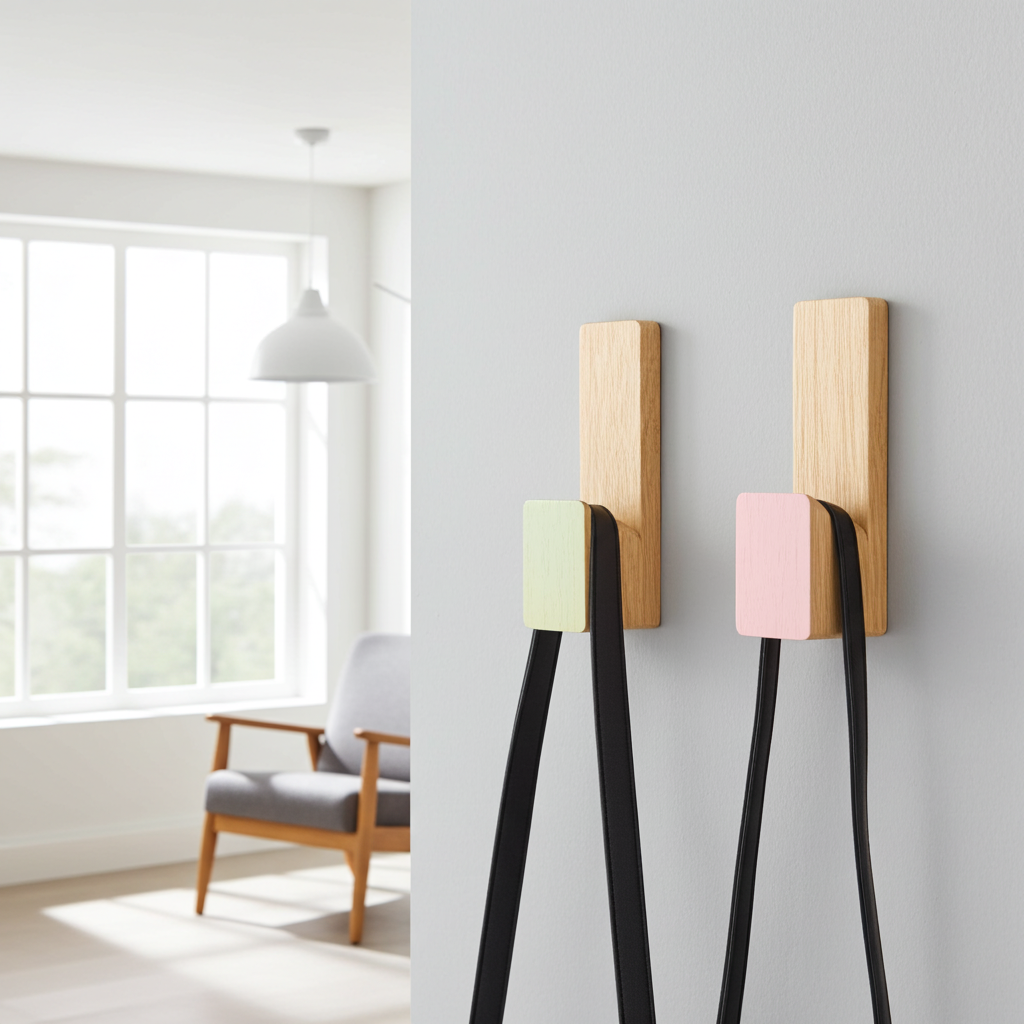 Two wooden wall hooks with colorful ends in a modern living room.