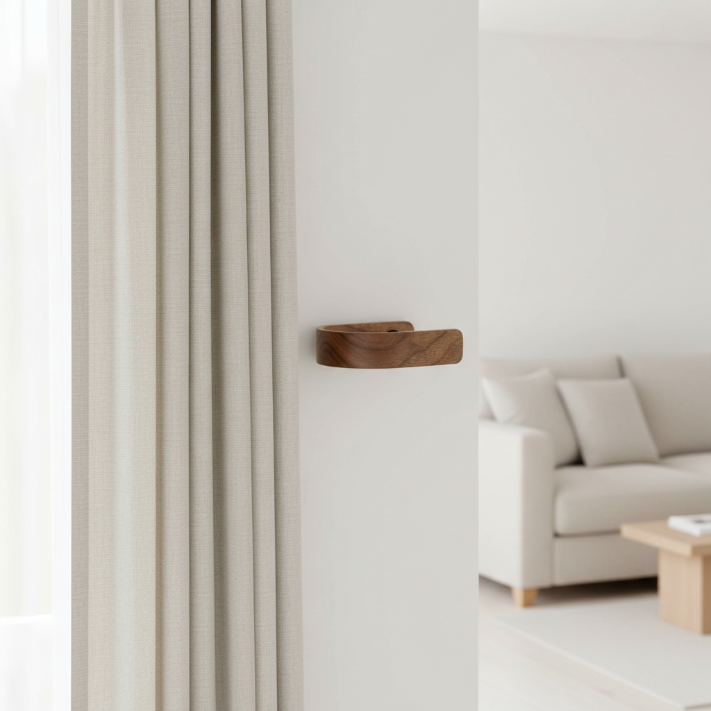 Beige curtains in a living room with a sofa and coffee table and side view of walnut curtain holdback