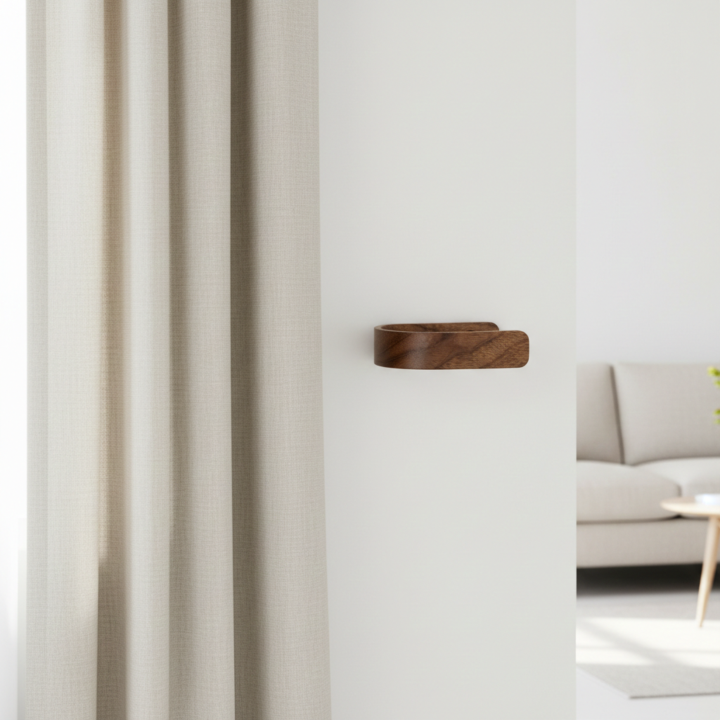 Wooden curtain tie back mounted on a white wall with a neutral-colored sofa in the background.