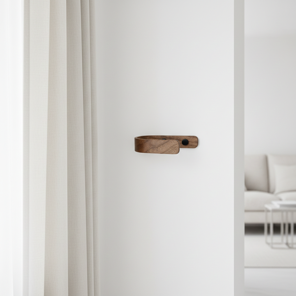Wooden curtain holdback with black fittings on a white wall with a blurred living room in the background
