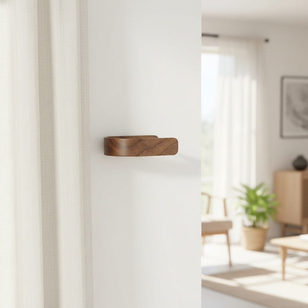 Wooden wall-mounted curtain holdback  in a modern living room