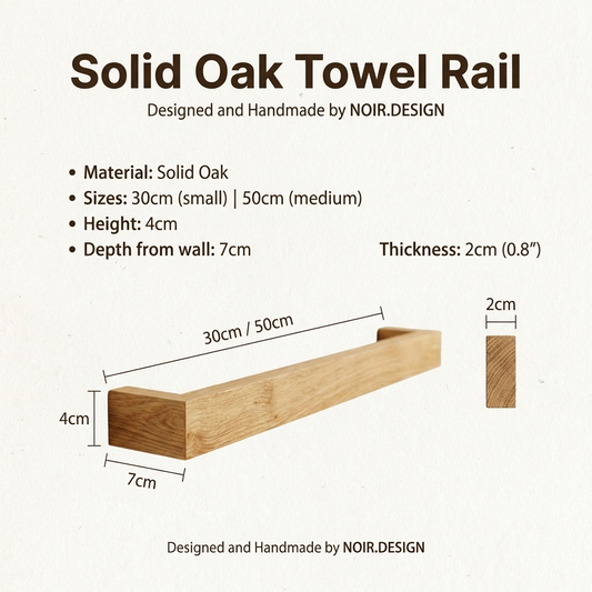 Solid Oak Towel Rail with dimensions and material details on a white background