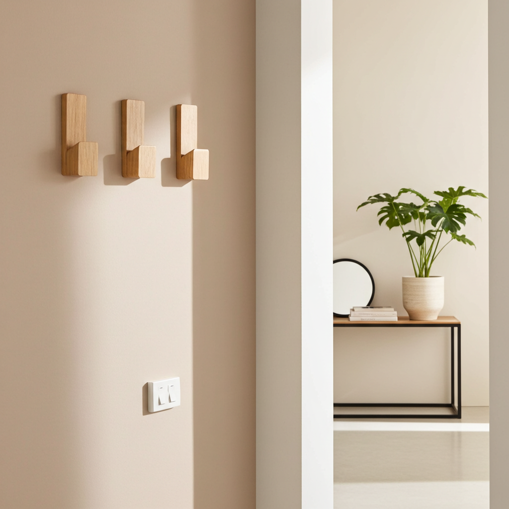 modern wall hooks on a beige wall with a plant and decor items on a shelf.