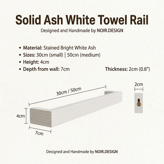 Solid Ash White Towel Rail with dimensions and material details on a white background