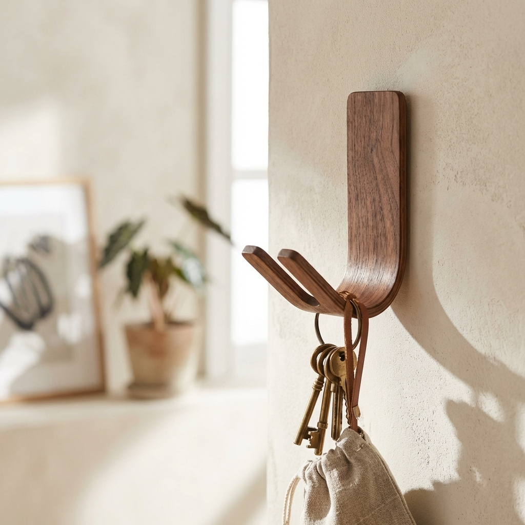 Wooden wall hook with keys and a bag in a home setting
