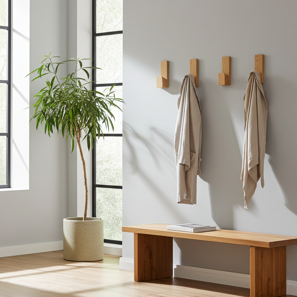 Modern interior with wooden bench, plant, and adhesive oak coat hooks on the wall. 
