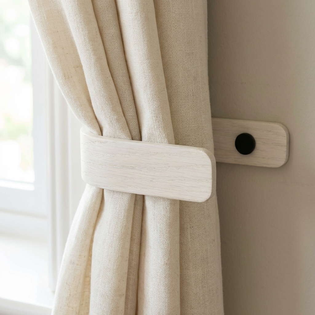 Beige curtain with a wooden tieback against a neutral wall