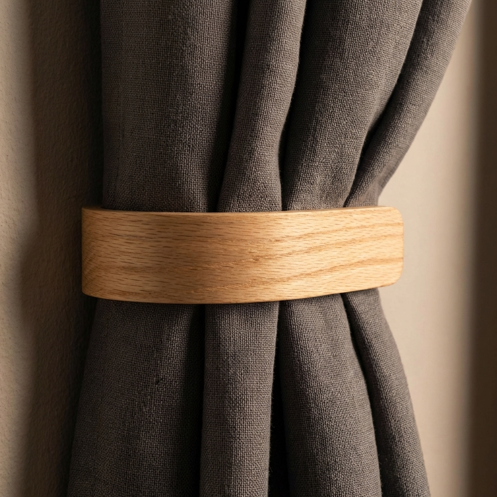 Brown curtain with a wooden tie-back against a neutral background