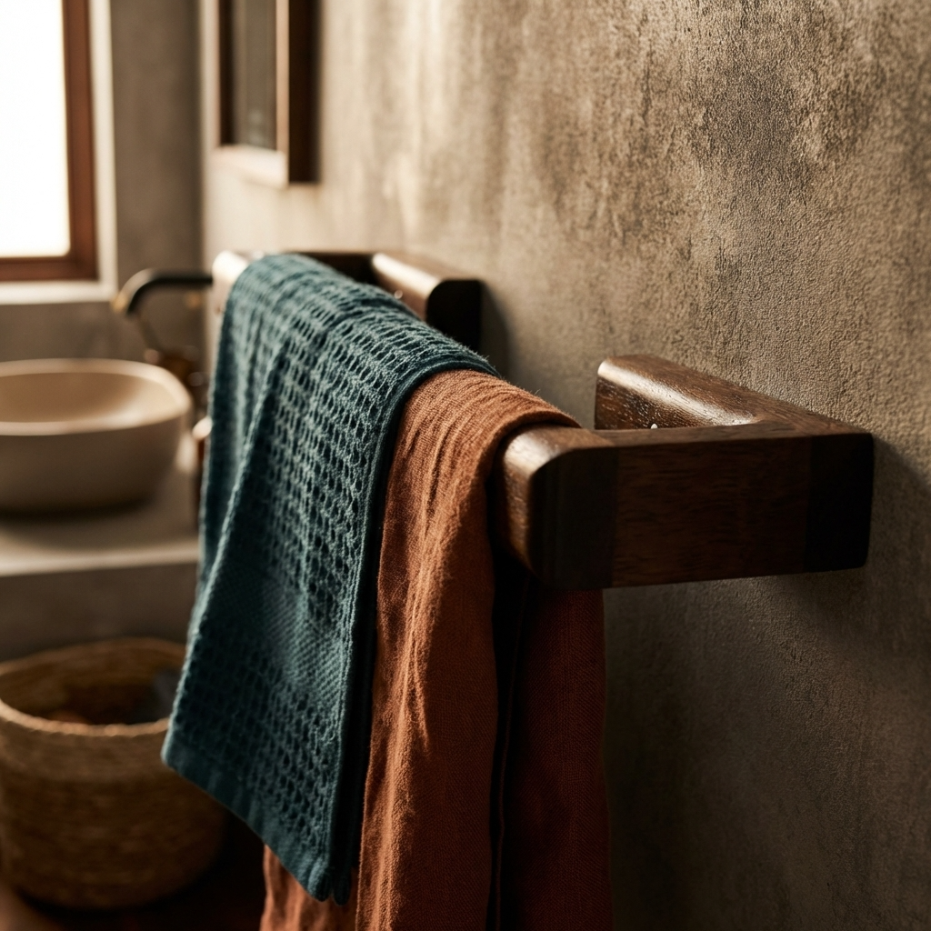 Towel rack with towels in a bathroom setting