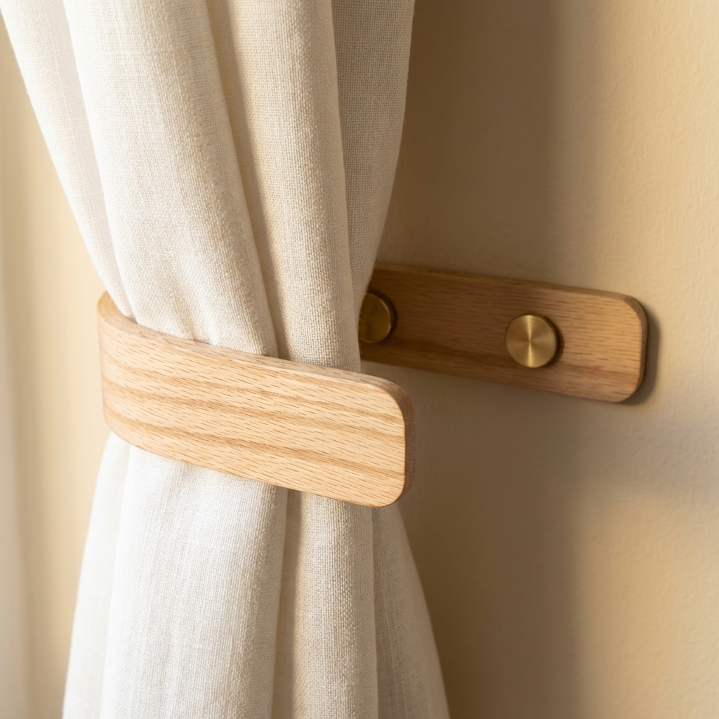Wooden curtain tieback with brass fastener on a beige curtain against a beige wall.
