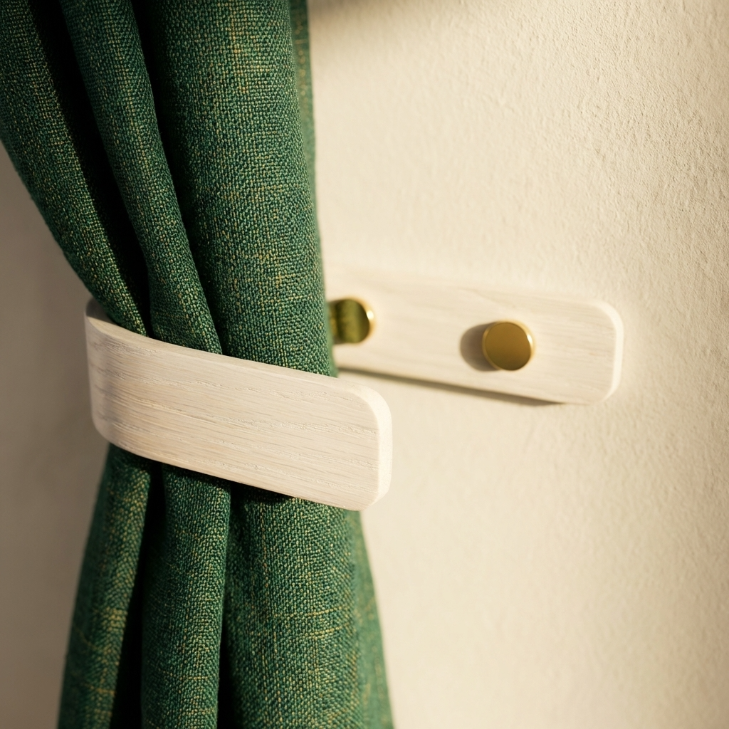 Green curtain with a white and gold curtain holder on a beige wall.