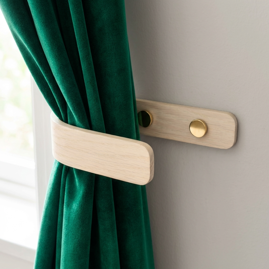 Green curtain with wooden and brass curtain tieback against a neutral wall.