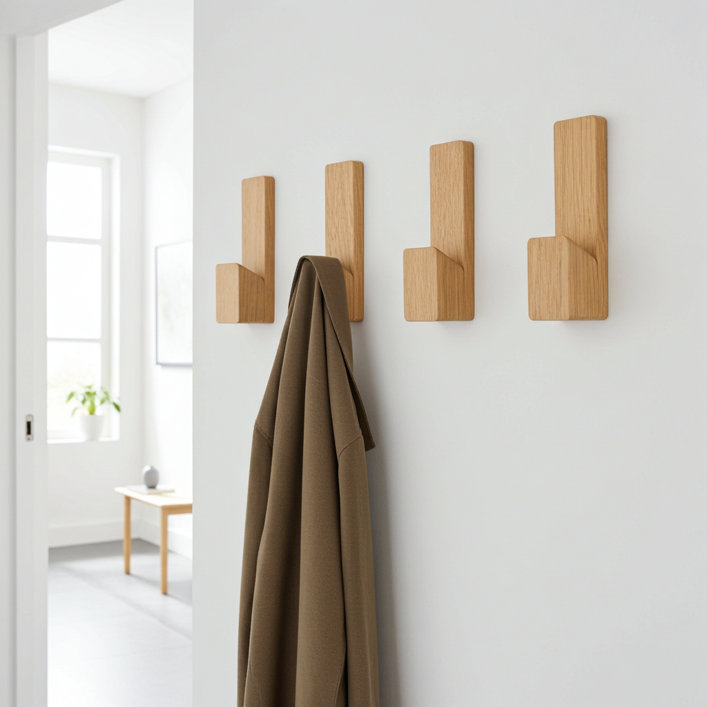 Set of wooden wall hooks on a white wall with a coat hanging from one of them.
