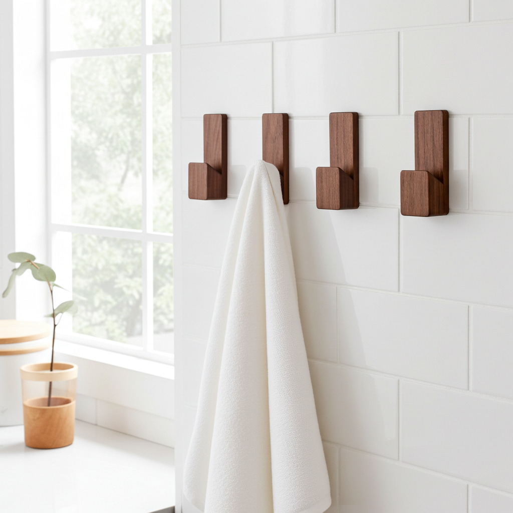 Wooden hooks on a tiled wall with a white towel hanging from one of them, in a bright room.