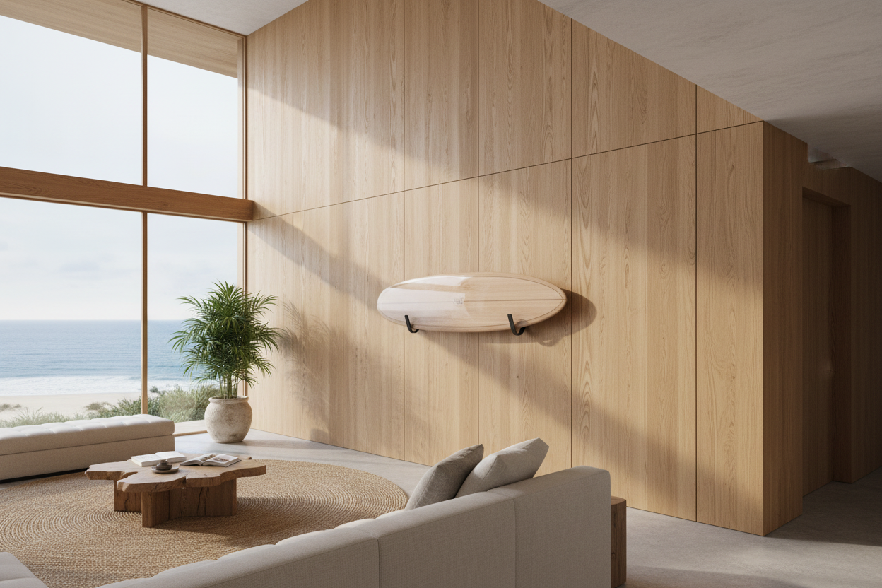 Luxury Beach House with suefboard on the wall being held by designer surfboard mounts